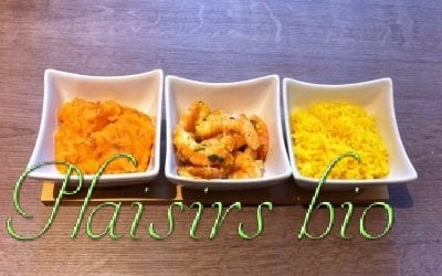 Crevettes épicées, riz et patate douce bio